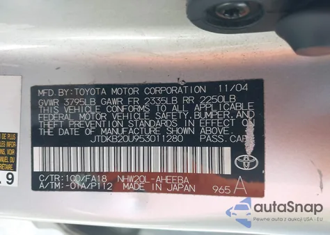 2005 Toyota Prius z USA, uszkodzony, nr VIN JTDKB20U953011280